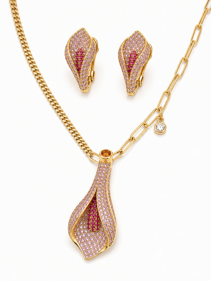 Calla Pink Pavé Pendant Necklace & Clip Earring Set, 18K Gold-Plated