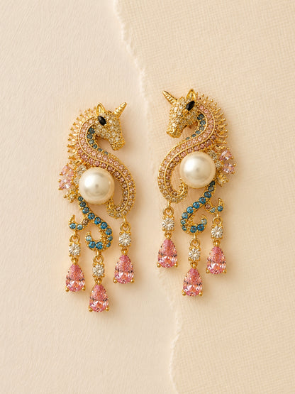 Enchanted Sea Unicorn Pavé Drop Earrings, 18K Gold-Plated