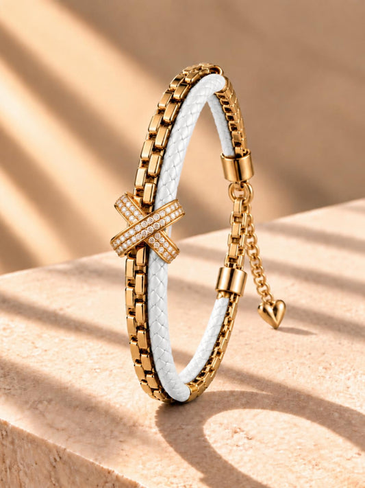 White Braided Double line Knot Band Cuff -18KT Gold Plated