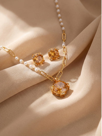 Adeline" Champagne Crystal Pendant Set — 18K Gold Plated with Pearl Accent Chain