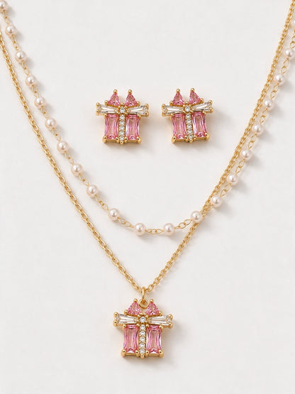 Croce Pink Baguette Layered Necklace & Earring Set, 18K Gold-Plated
