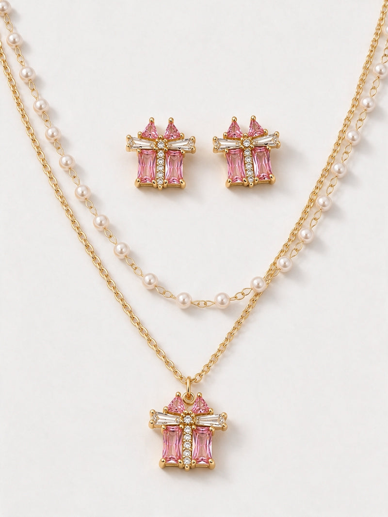 Croce Pink Baguette Layered Necklace & Earring Set, 18K Gold-Plated