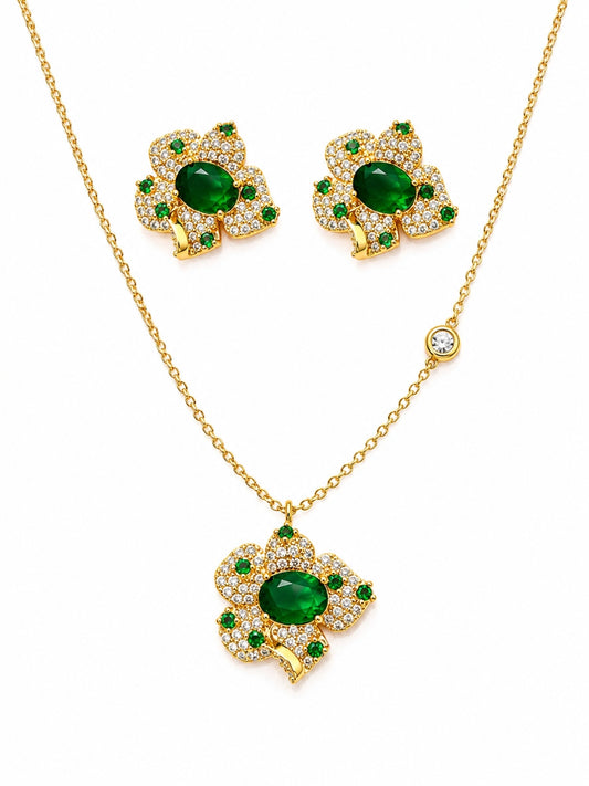 Emerald Clover Necklace & Earrings Set
