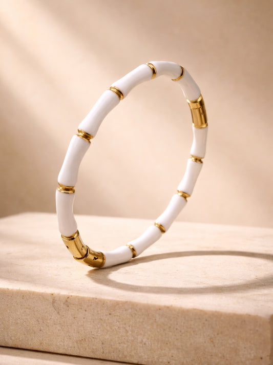 White Enamel Bamboo Gold Cuff Bracelet – Anti Tarnish, CZ Stone