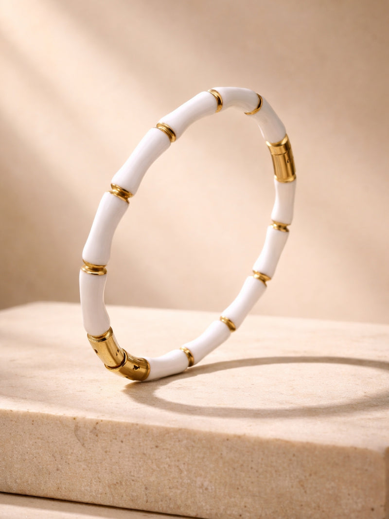 White Enamel Bamboo Gold Cuff Bracelet – Anti Tarnish, CZ Stone