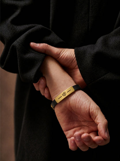Om Engraved Men's Bracelet – Thick 18K Gold Plated Stainless Steel with Black Silicone