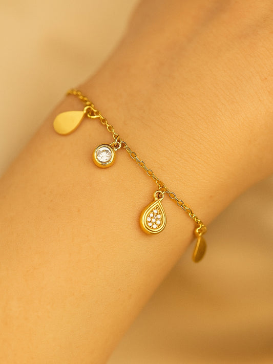 18K Gold Teardrop Charms Bracelet with CZ Stones | Lightweight & Elegant