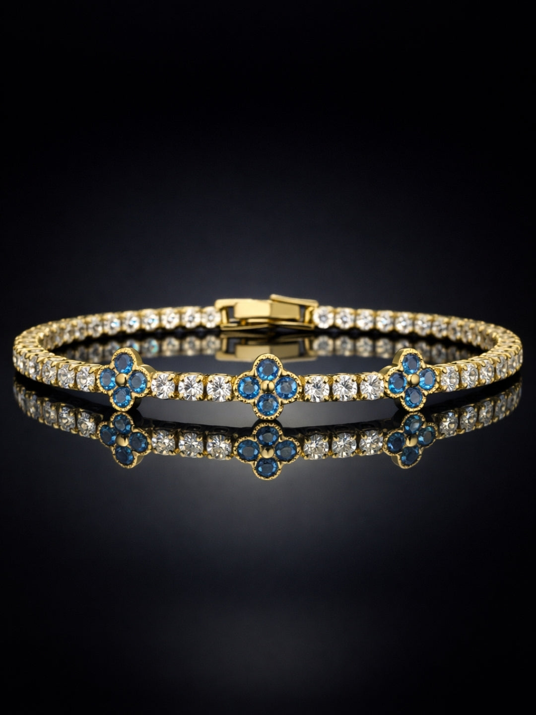 Blue & Gold Clover CZ Tennis Bracelet | Anti-Tarnish & Water Resistant