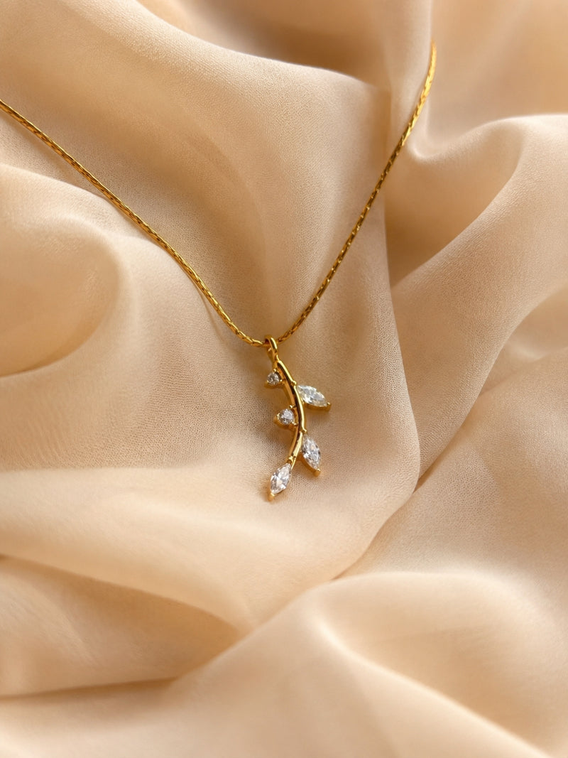 18K Gold Tiny Leaf CZ Pendant Necklace for Women | Anti Tarnish