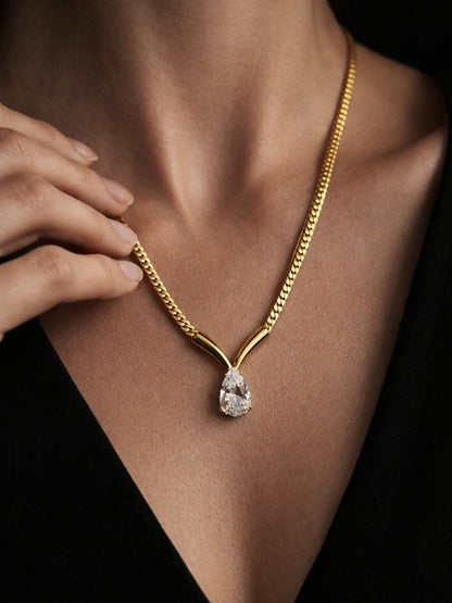 Teardrop Solitaire Cuban Chain Necklace – 24KT Gold Plated