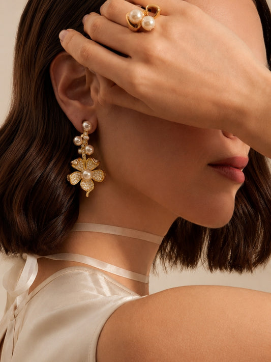 Taupe Pearl Floral Pavé Drop Earrings, 18K Gold-Plated