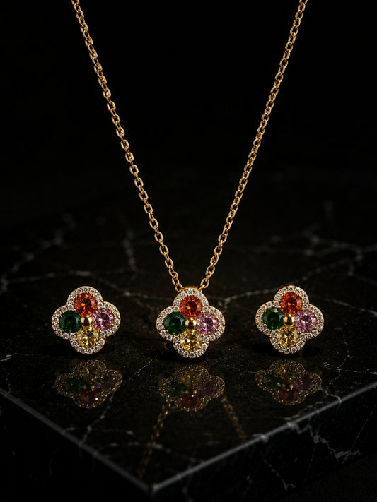 Gioia Multicolor Halo Necklace & Earring Set, 18K Gold-Plated