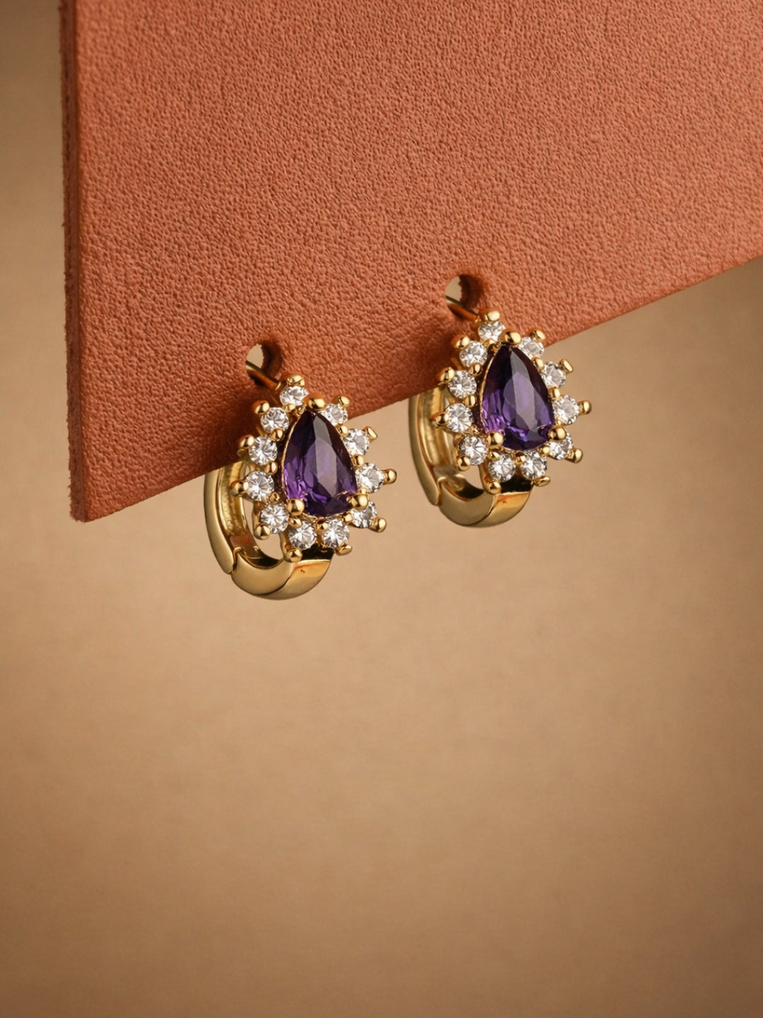 Purple CZ Halo Mini Hoops – 18K Rose Gold Anti Tarnish Earrings