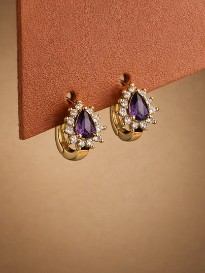 Purple CZ Halo Mini Hoops – 18K Rose Gold Anti Tarnish Earrings