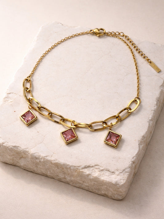 Quad Pink Charm Gold Bracelet | Anti-Tarnish CZ Chain Bracelet