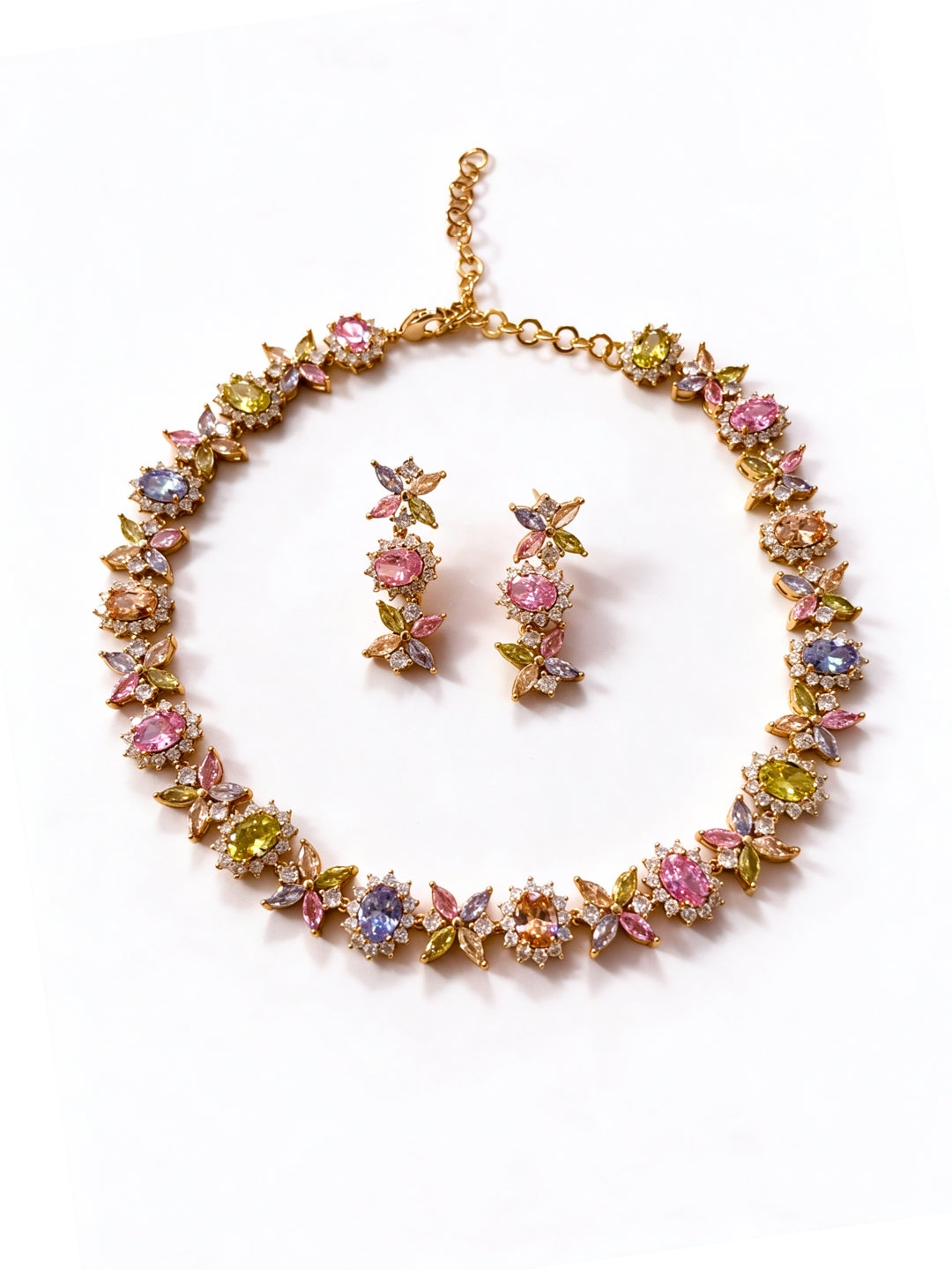 Fiorina Pastel Multicolor Floral Choker Necklace & Earring Set, 18K Gold-Plated