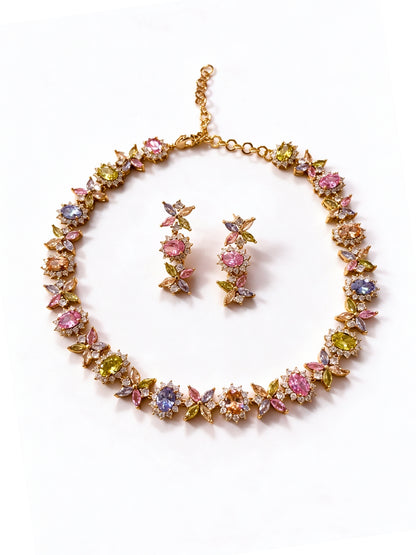 Fiorina Pastel Multicolor Floral Choker Necklace & Earring Set, 18K Gold-Plated