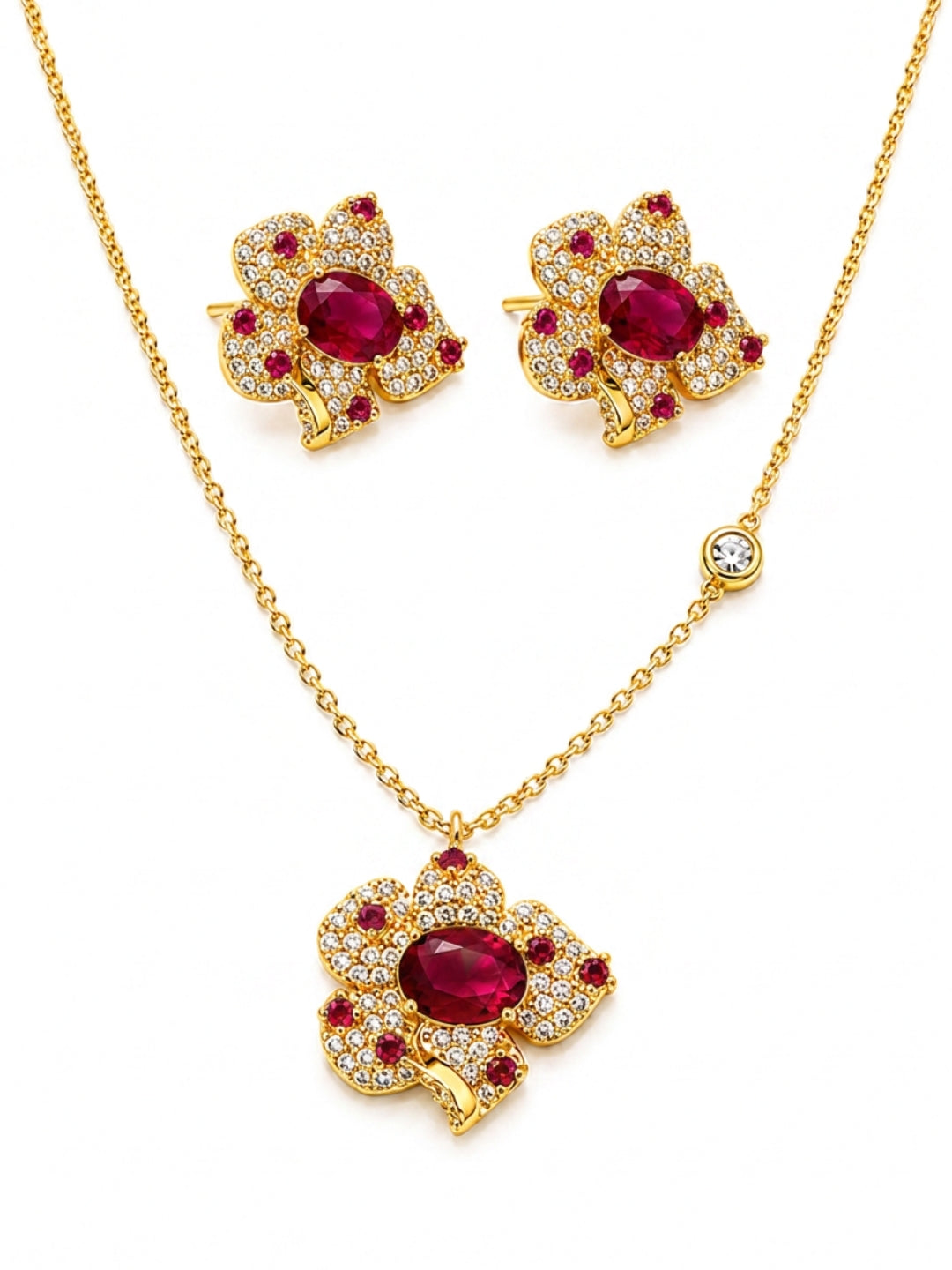 Rubis Ruby Red Floral Necklace & Earrings Set
