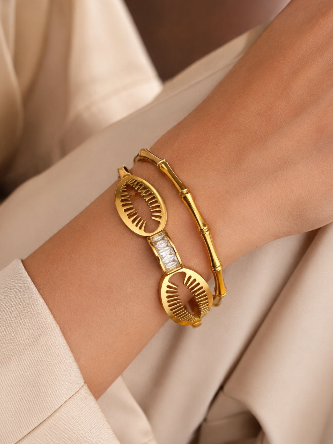 GOLD Cowrie Shell & Bamboo Bangles Set -18K Gold Plated Stainless Steel Stackable Bracelets.