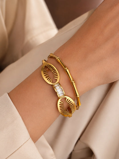 GOLD Cowrie Shell & Bamboo Bangles Set -18K Gold Plated Stainless Steel Stackable Bracelets.