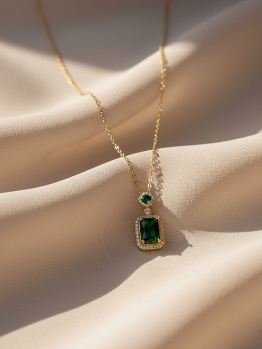 Emerald Moissanite Pendant Chain | 18K Gold Plated, Anti-Tarnish Jewelry
