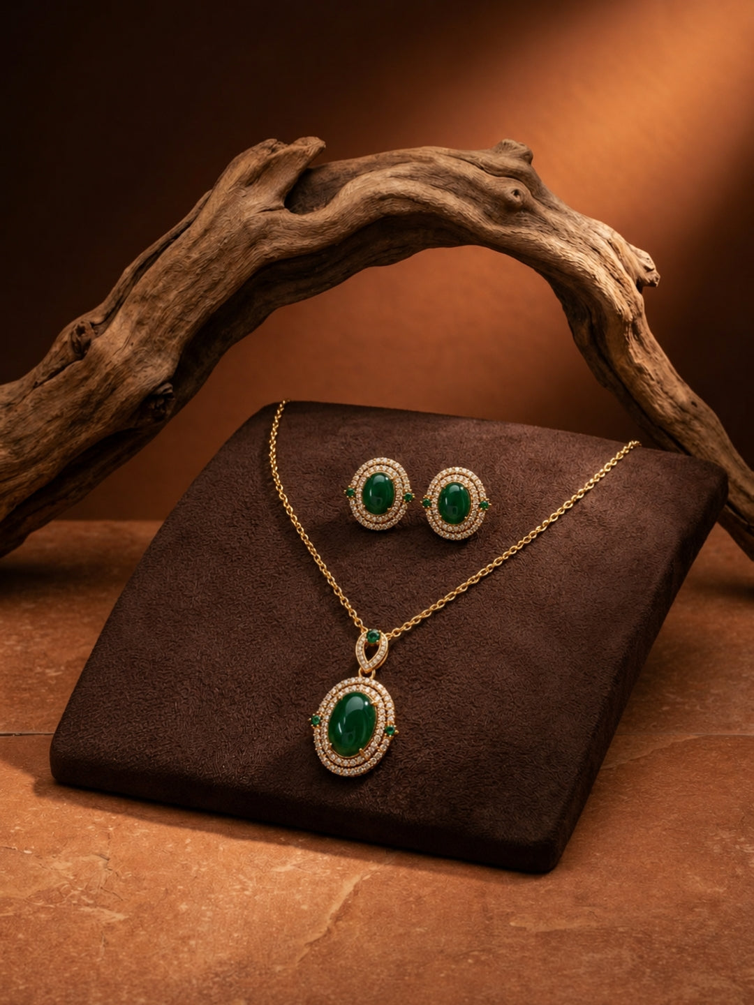 Prato Green Cabochon Halo Necklace & Earring Set, 18K Gold-Plated