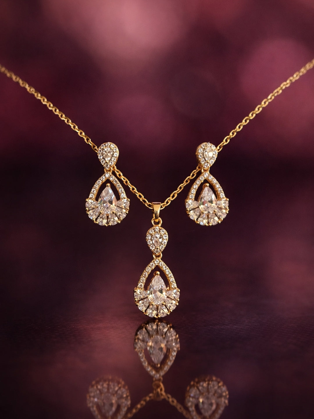 18K Rose Gold Teardrop CZ Ethnic Necklace & Earrings Set