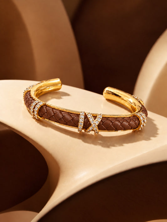 Brown Braided Roman Numeral Studded Bangle -18KT Gold Plated