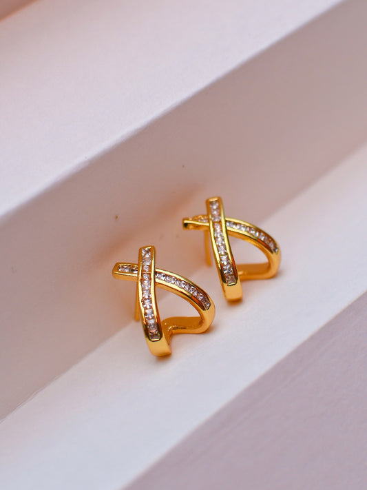 18K Gold Studded Cross Huggie Earrings – CZ Stone, Anti-Tarnish