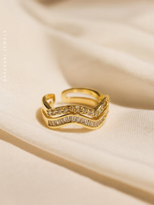 Wavy Double Layer Gold Ring – Adjustable 18K Gold CZ Everyday Jewelry