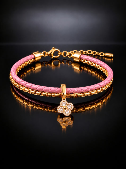 Pink Braided Double line Clover Band Cuff -18KT Gold Plated