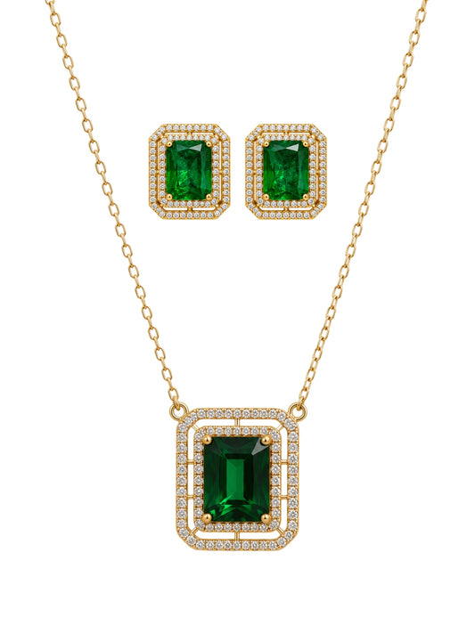 Giada Green Double Halo Necklace & Earring Set, 18K Gold-Plated