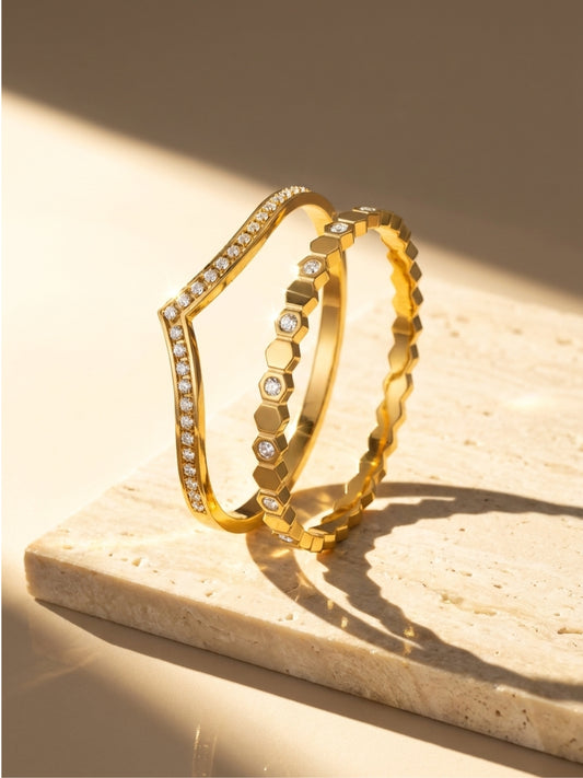 Gold Chevron & Hexagon CZ Bracelet Stack – Set of 2