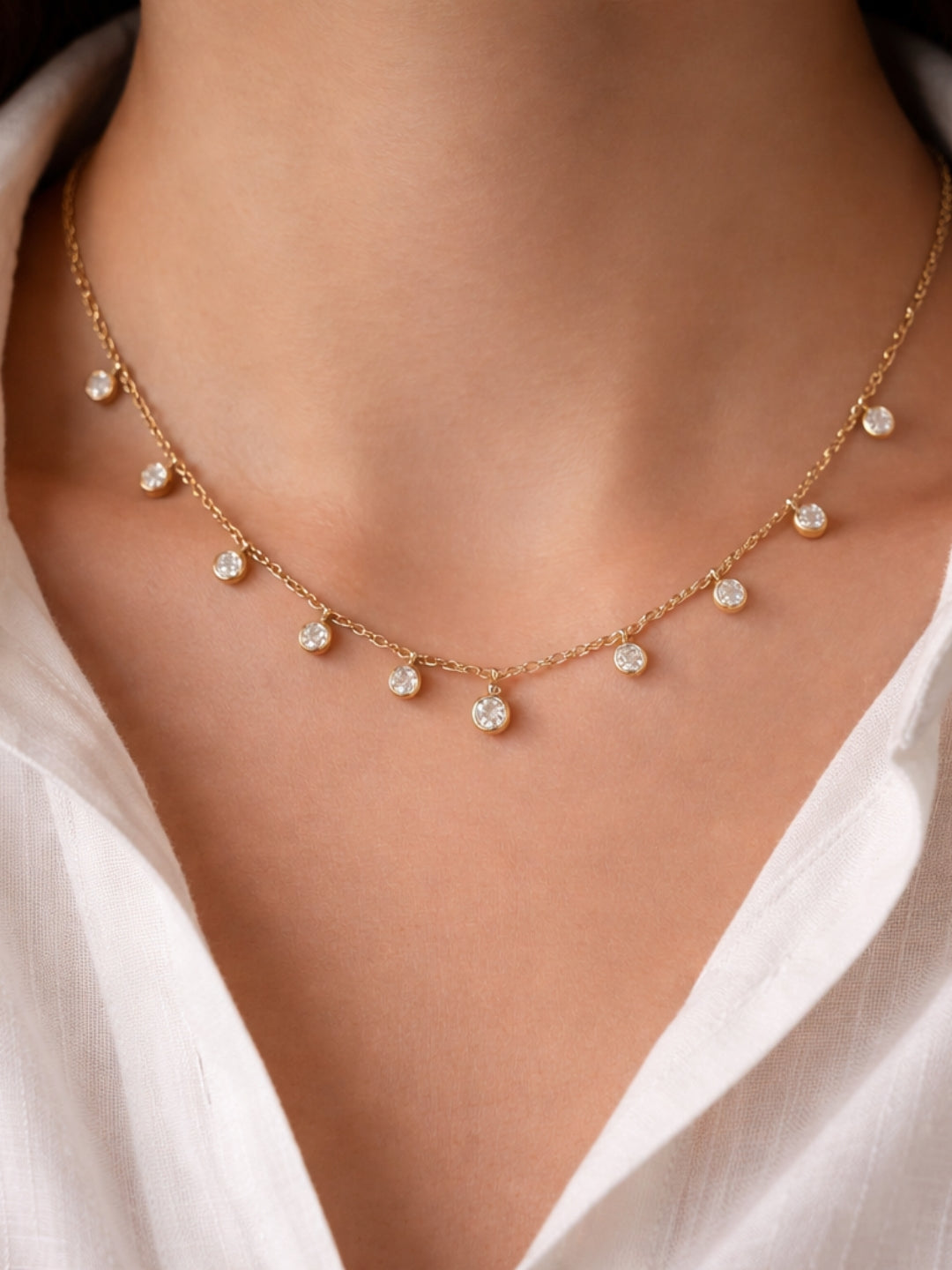 White Gold Round CZ Charm Neckpiece | 18K Gold Plated