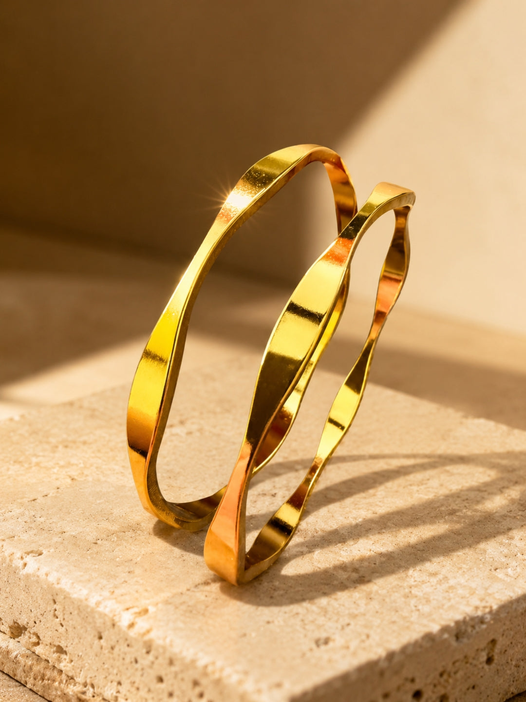 18K Gold Flat Wave Bangles Pair for Women | Anti Tarnish | 2.6