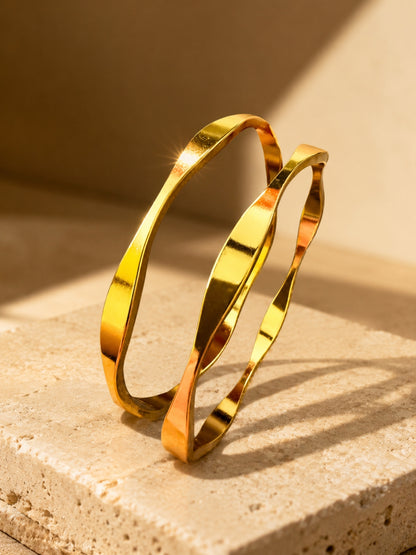 18K Gold Flat Wave Bangles Pair for Women | Anti Tarnish | 2.6