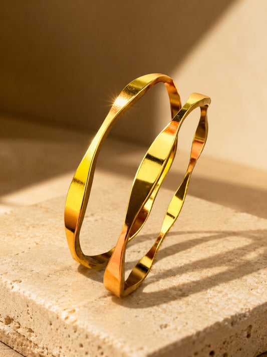 18K Gold Flat Wave Bangles Pair for Women | Anti Tarnish | 2.6