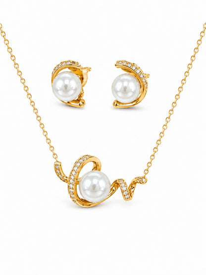 Love Pearl Necklace & Earring Set, 18K Gold Plated