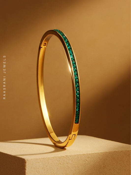 Green Stone Kada – 18K Gold Plated Emerald CZ Bracelet (Anti-Tarnish)