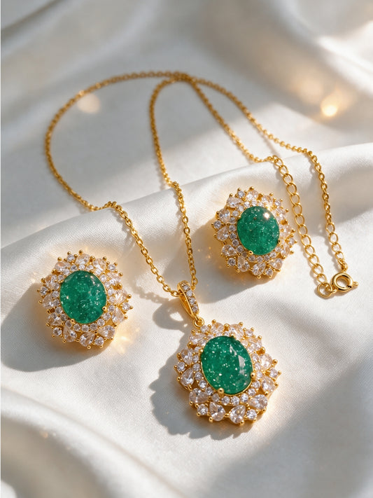 Smeraldino Green Sunburst Halo Necklace & Earring Set, 18K Gold-Plated