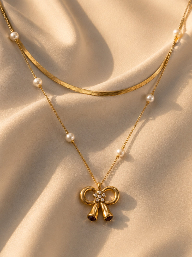 Bow & Pearl Layered Necklace Set