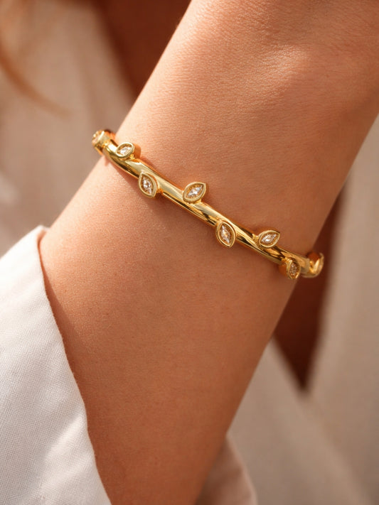 18K Gold Plated Leaf Studded Bracelet with CZ | Anti-Tarnish