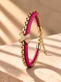 Fuchsia Pink Braided Double line Knot Band Cuff-18KT Gold Plated