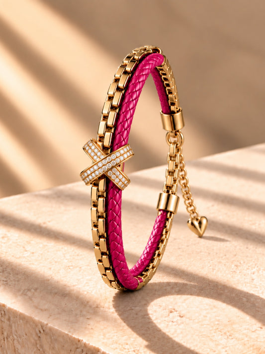 Fuchsia Pink Braided Double line Knot Band Cuff-18KT Gold Plated
