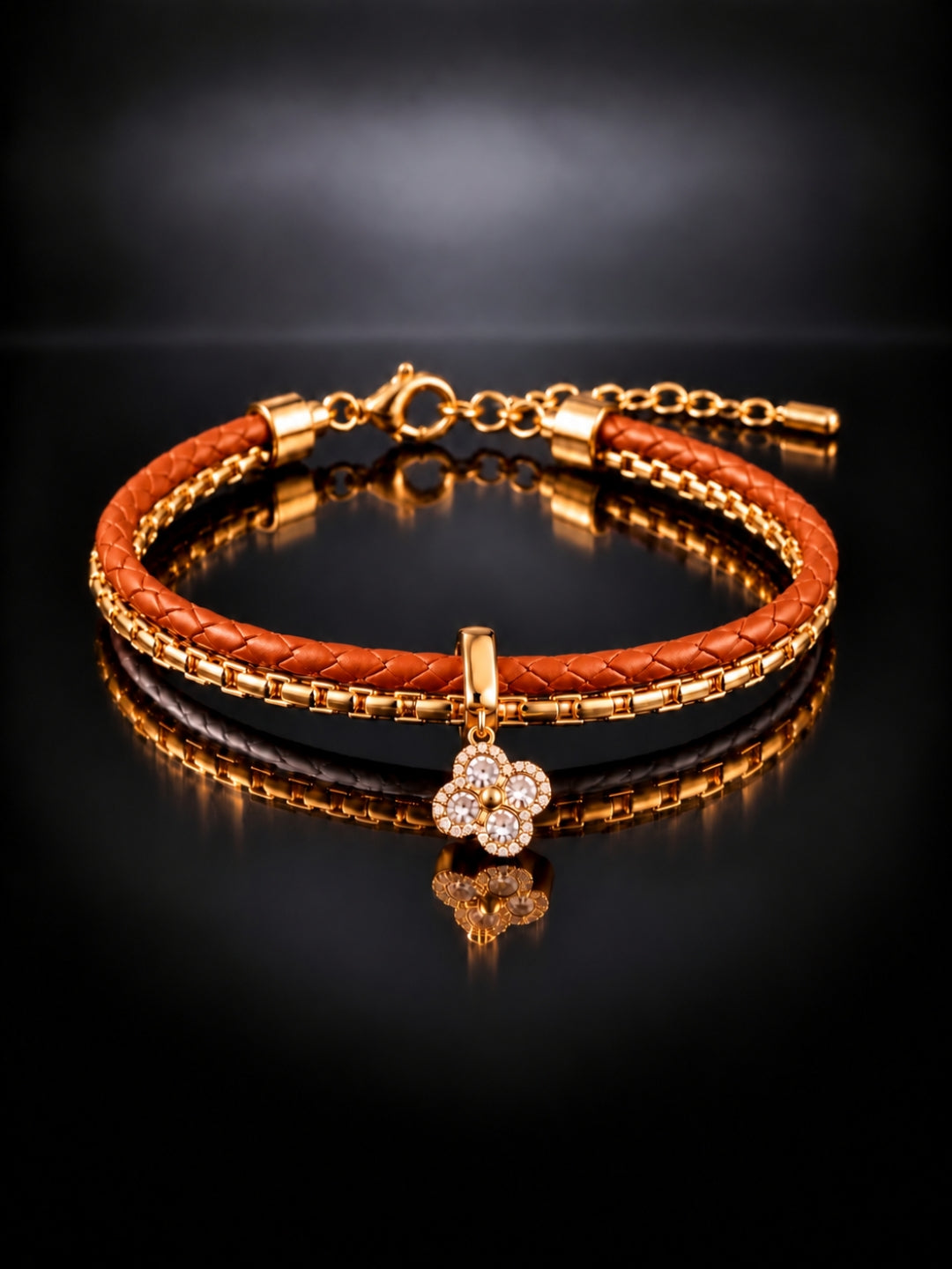 Rust Braided Double line Clover Band Cuff-18KT Gold Plated