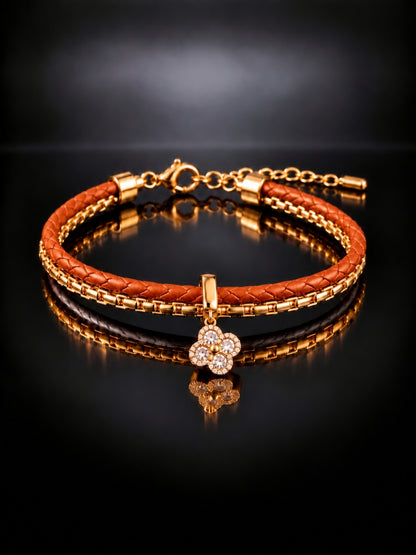 Rust Braided Double line Clover Band Cuff-18KT Gold Plated