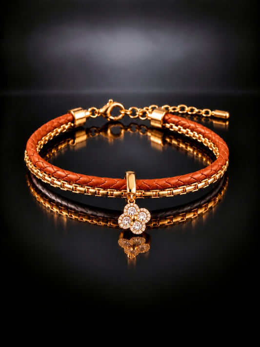 Rust Braided Double line Clover Band Cuff-18KT Gold Plated