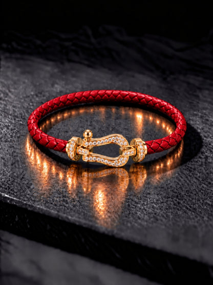 Red Studded Braided Leather Gold Magnetic Bracelet -18KT Gold Plated