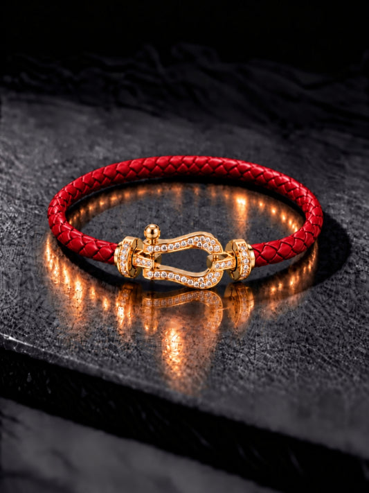 Red Studded Braided Leather Gold Magnetic Bracelet -18KT Gold Plated