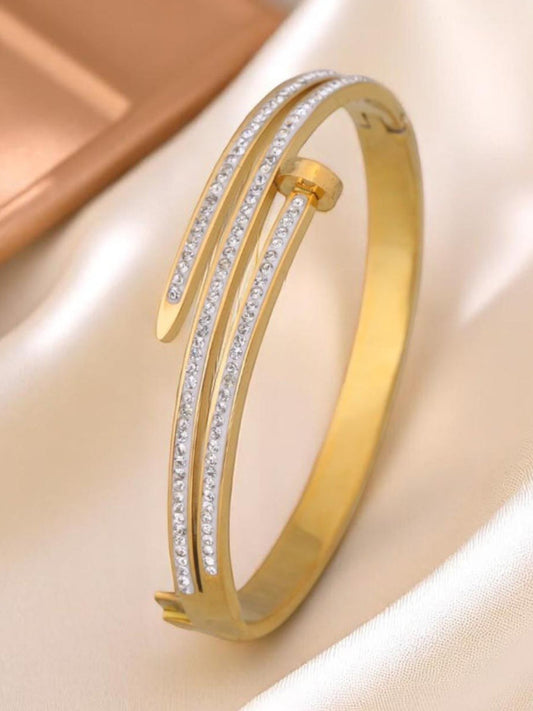 Small Nail White Stone 3-Line Cuff Bracelet for Women – 18K Gold Plated